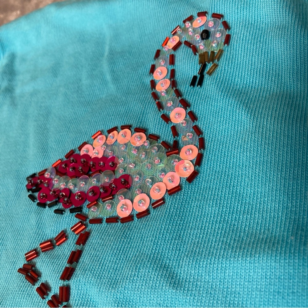 Quacker Factory Turquoise 3/4 Sleeve Tee with Sequin Flamingos - Picture 6 of 15